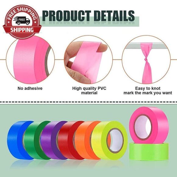 8 Pack Flagging Tape Non-Adhesive Plastic Ribbon Neon Marking Tape 1.2" x 1200 - Picture 6 of 11